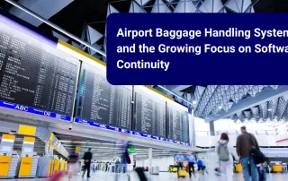 Airport software continuity and operational resilience illustrated by flight information displays and passenger processing systems in a modern airport terminal.