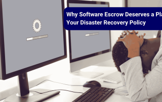 Man at a desk contemplating software escrow as part of his disaster recover policy
